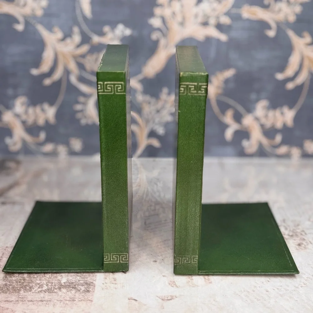 Vintage Green Bookends Faux Leather Greek Key Decor Set of 2